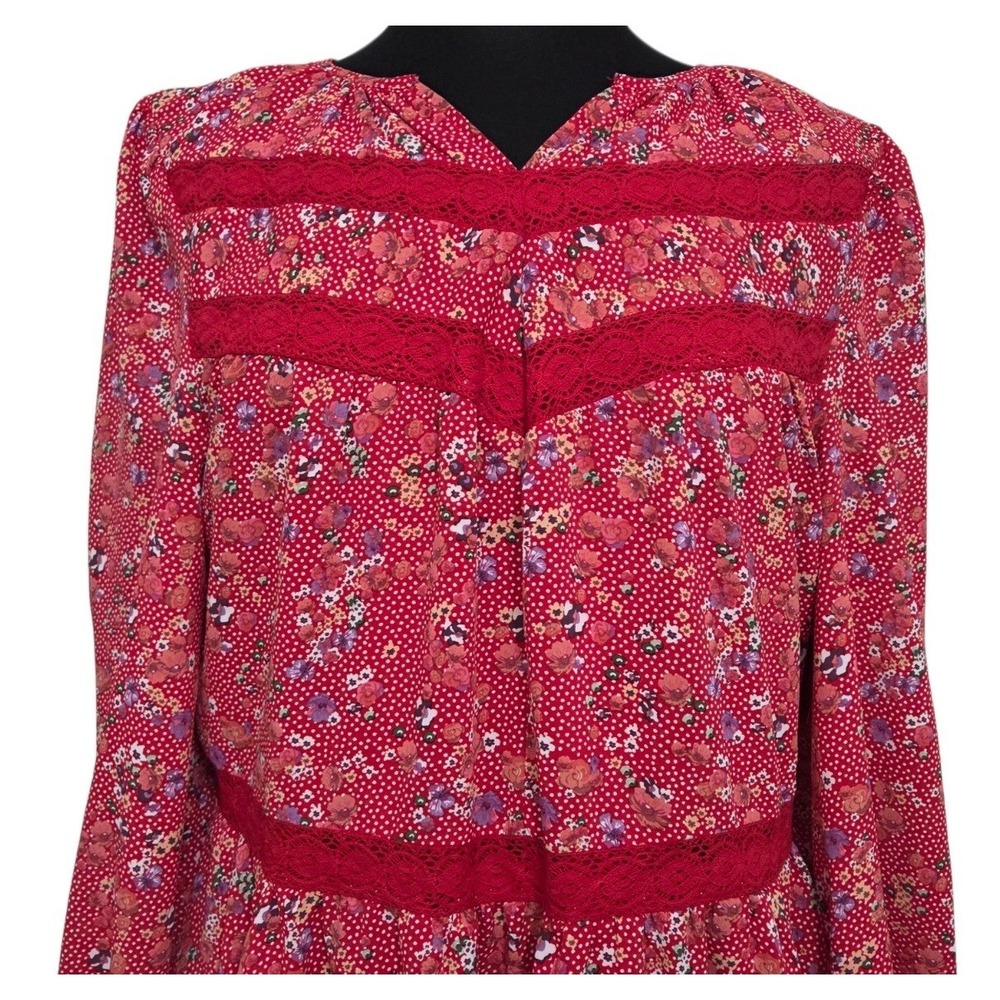 NWT 89th & Madison Red Floral Dress Crochet Trim Prairie Boho Long Sleeve Size L